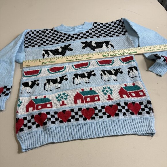 Vintage 80s Adele Boho Knit Sweater Cow Hearts Print Made In USA - Picture 7 of 9
